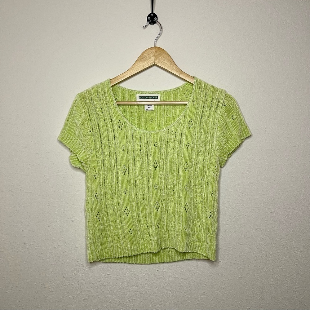 Boston proper vintage green short sleeve chenille sweater